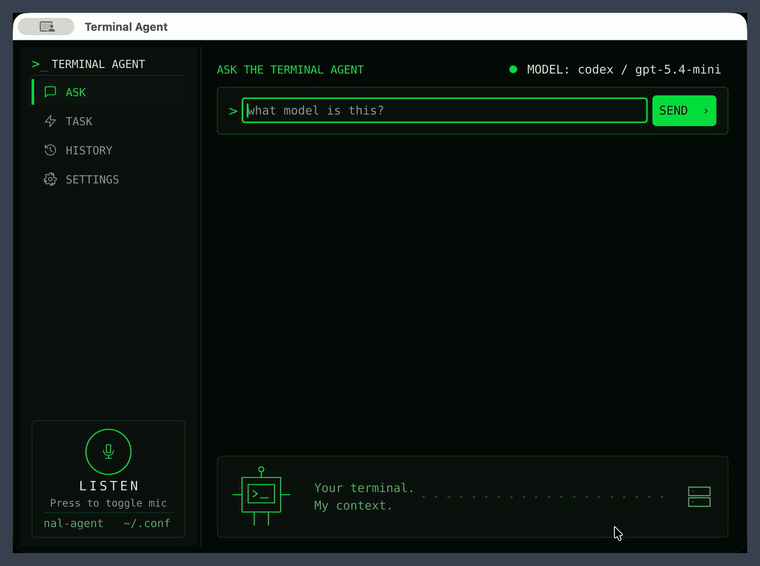 Terminal Agent Graphical UI answering a question in Ask mode