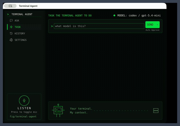 Terminal Agent Graphical UI running a Task workflow