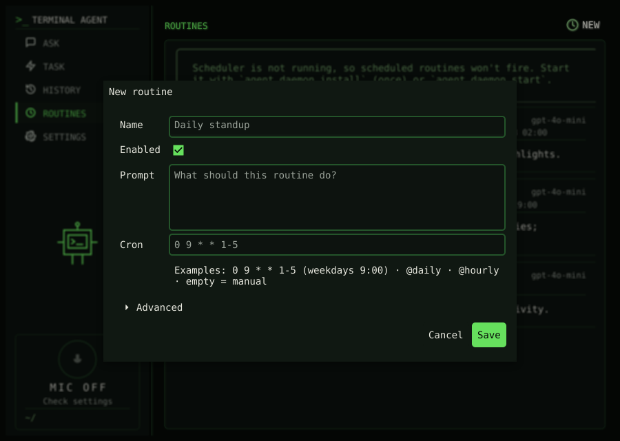 Terminal Agent GUI Routine form