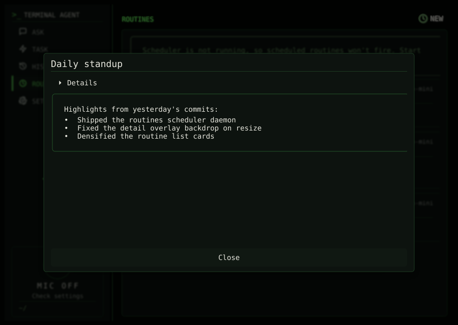 Terminal Agent GUI Routine log