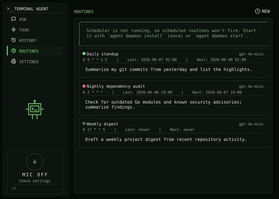 Terminal Agent GUI Routine list