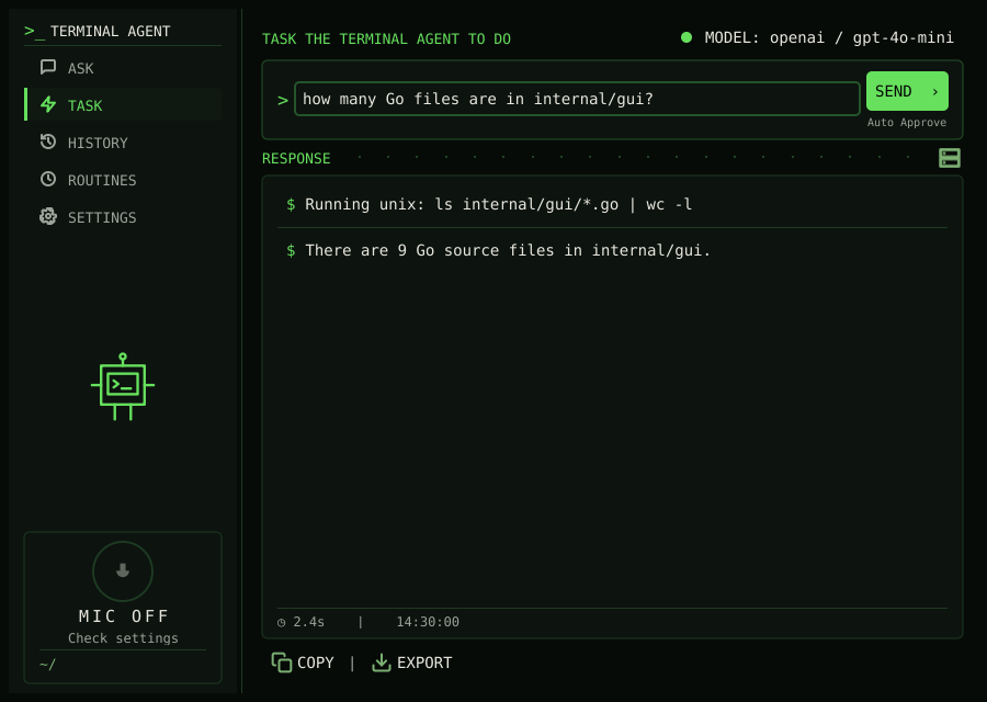 Terminal Agent GUI in Task mode